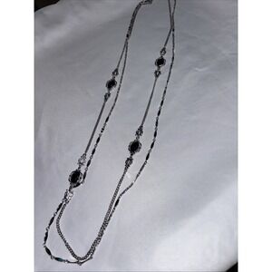 Sarah Coventry "Touch of Class" Necklace Vintage 1979 Silvertone Black Bezel 36"